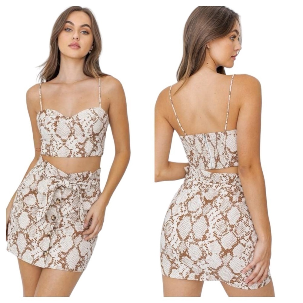2pc Le Lis Brown and Beige Snake Print Paperbag Skirt and Crop Top Size L
